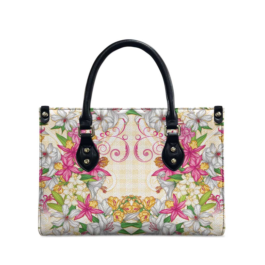 Hawaii Palaka Leather Bag Yellow Tribal Pattern With Tropical Flowers - Polynesian Pride