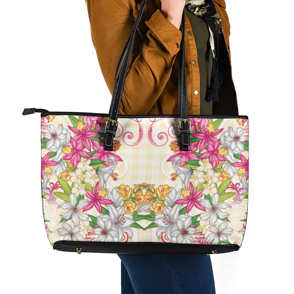 Hawaii Palaka Leather Tote Bag Yellow Tribal Pattern With Tropical Flowers - Polynesian Pride