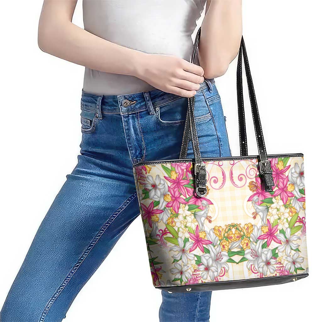 Hawaii Palaka Leather Tote Bag Yellow Tribal Pattern With Tropical Flowers - Polynesian Pride
