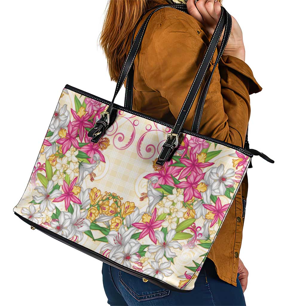 Hawaii Palaka Leather Tote Bag Yellow Tribal Pattern With Tropical Flowers - Polynesian Pride