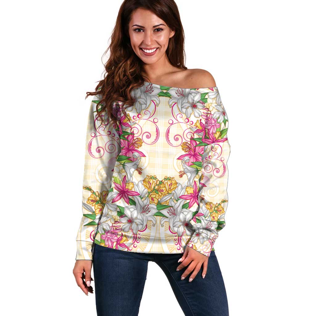 Hawaii Palaka Off Shoulder Sweater Yellow Tribal Pattern With Tropical Flowers - Polynesian Pride