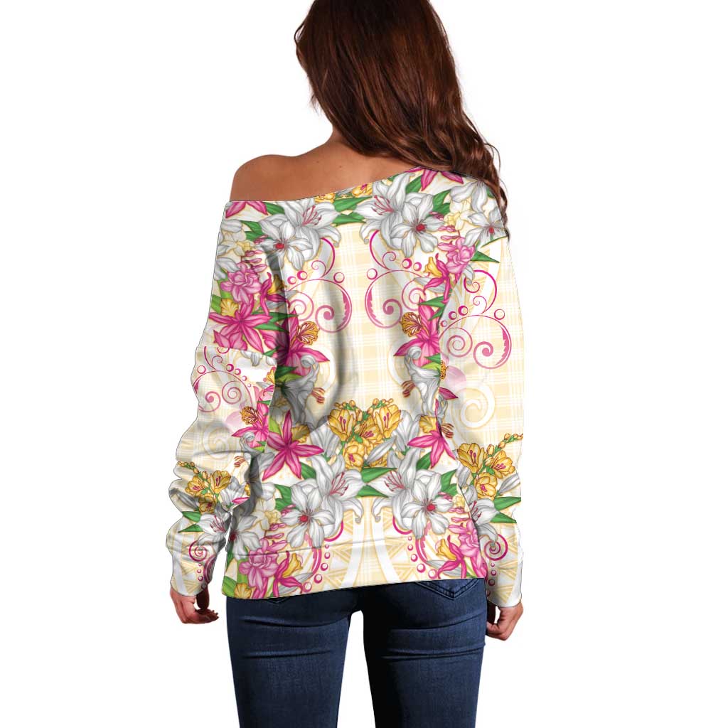 Hawaii Palaka Off Shoulder Sweater Yellow Tribal Pattern With Tropical Flowers - Polynesian Pride
