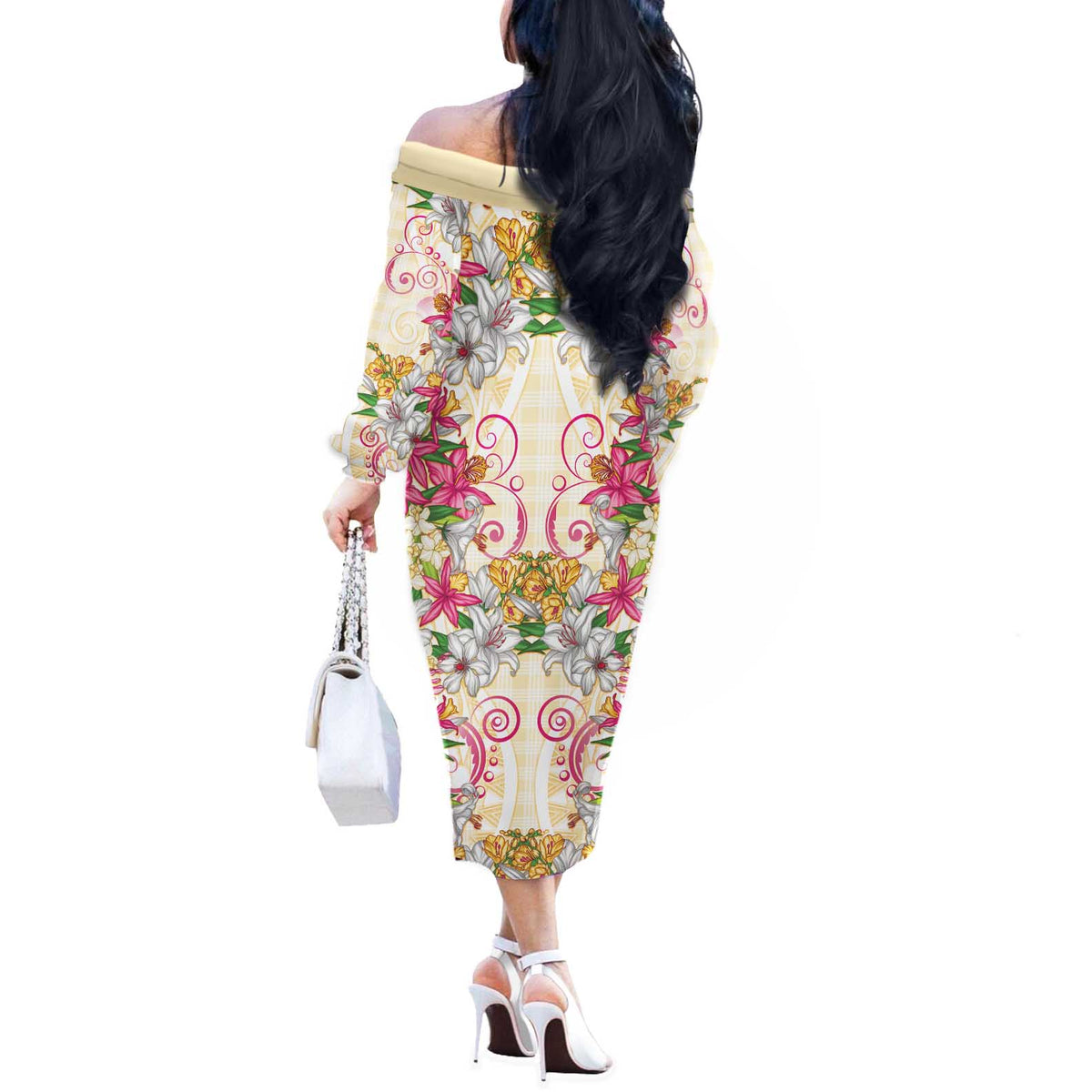 Hawaii Palaka Off The Shoulder Long Sleeve Dress Yellow Tribal Pattern With Tropical Flowers - Polynesian Pride