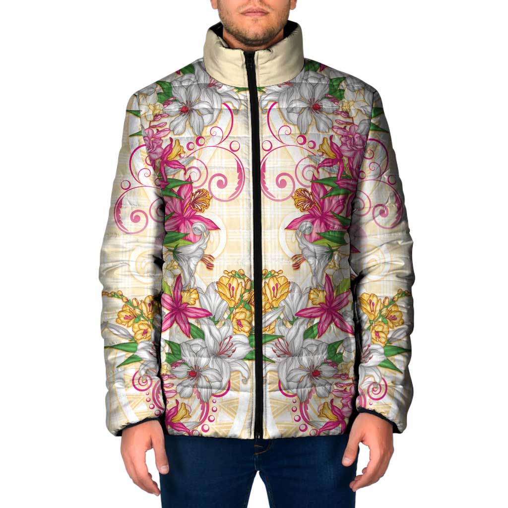 Hawaii Palaka Padded Jacket Yellow Tribal Pattern With Tropical Flowers - Polynesian Pride