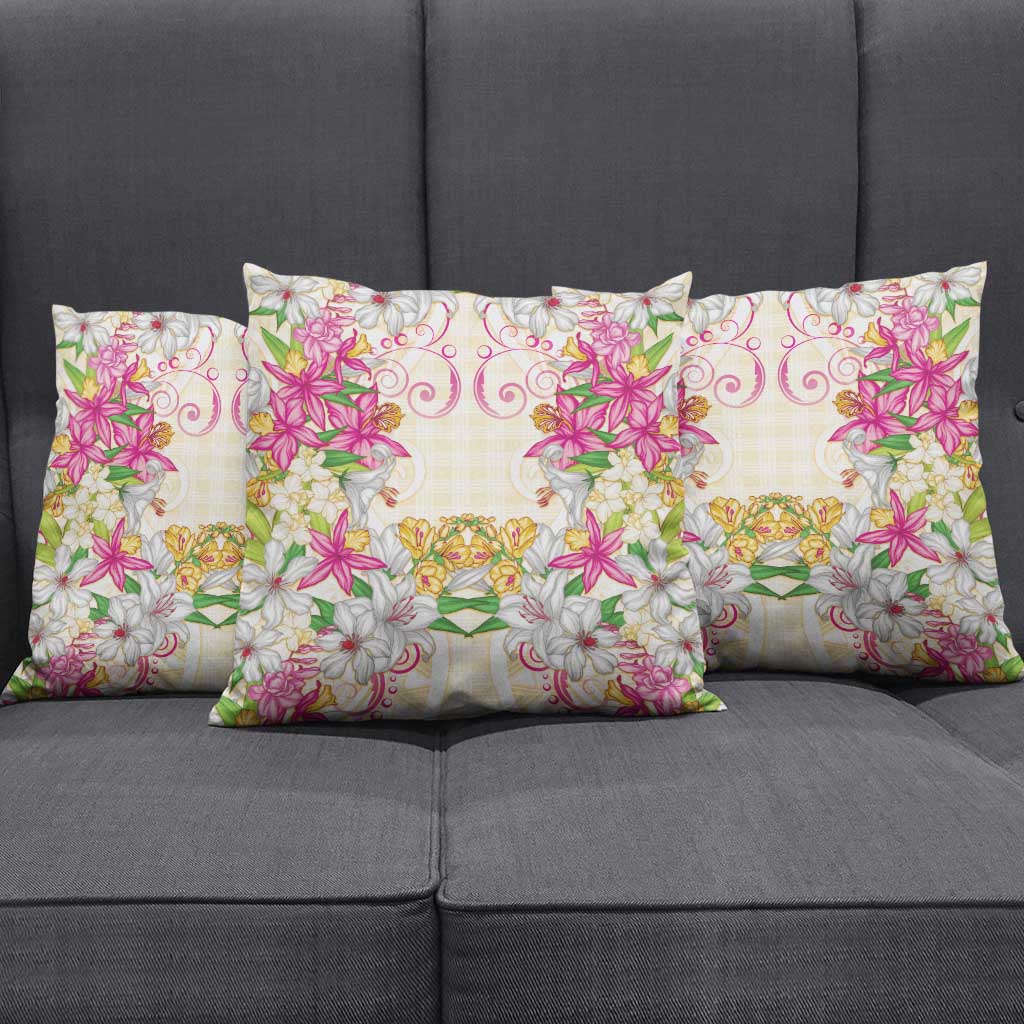 Hawaii Palaka Pillow Cover Yellow Tribal Pattern With Tropical Flowers - Polynesian Pride