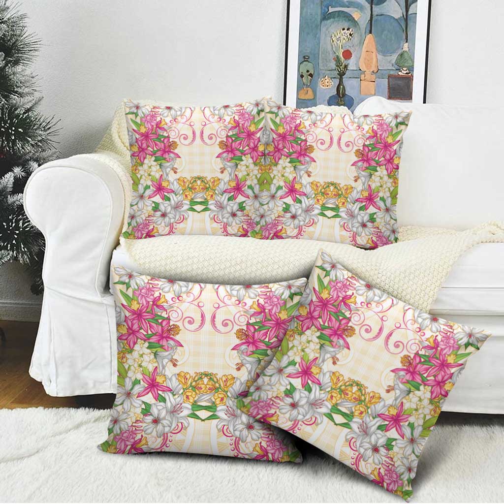 Hawaii Palaka Pillow Cover Yellow Tribal Pattern With Tropical Flowers - Polynesian Pride