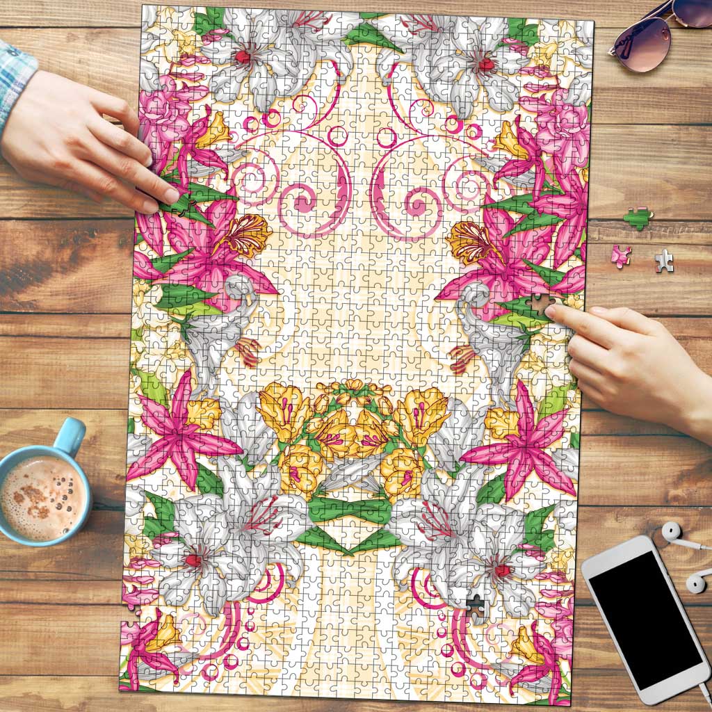 Hawaii Palaka Puzzle Yellow Tribal Pattern With Tropical Flowers - Polynesian Pride