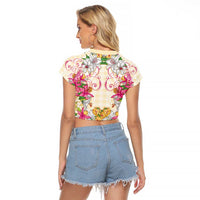 Hawaii Palaka Raglan Cropped T Shirt Yellow Tribal Pattern With Tropical Flowers - Polynesian Pride