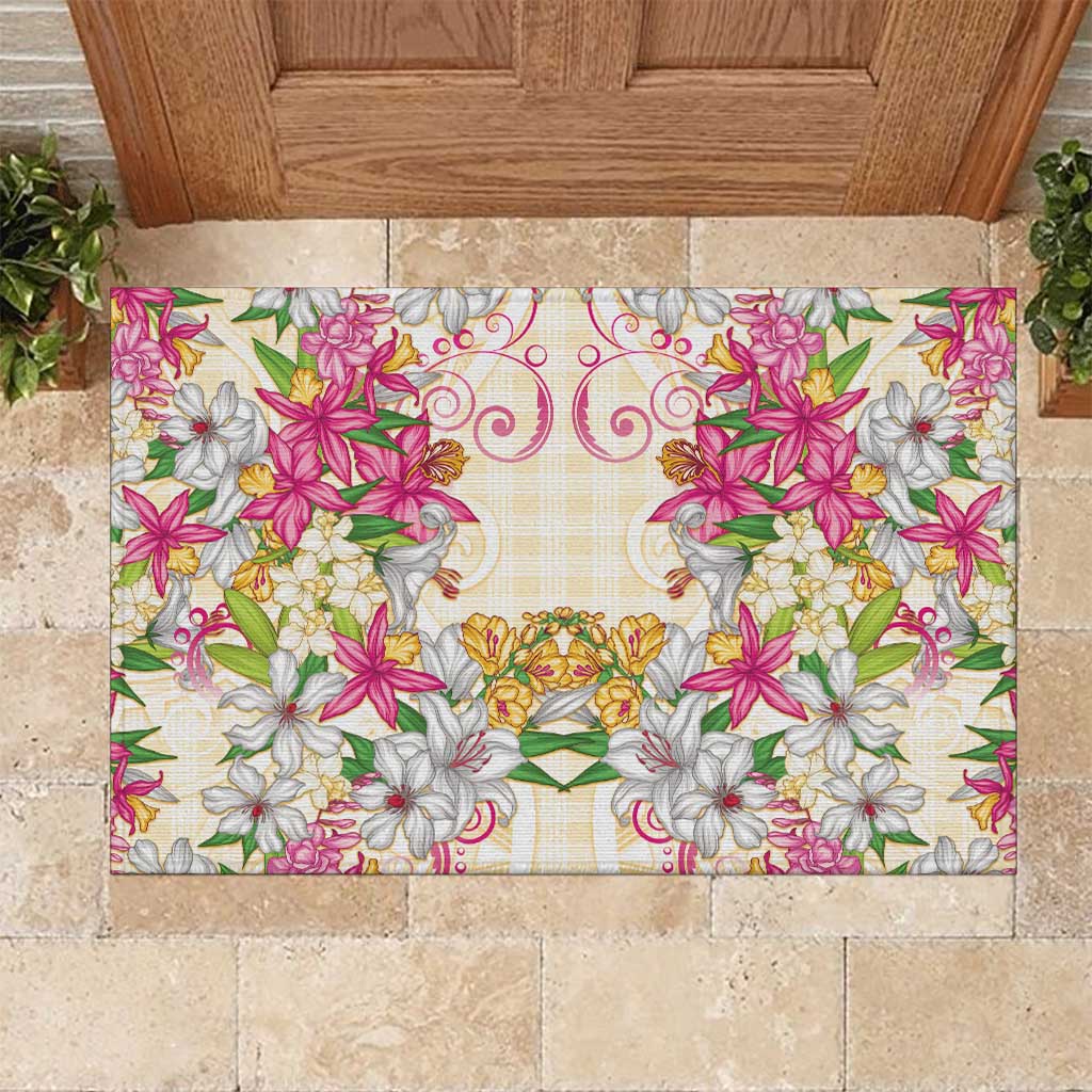 Hawaii Palaka Rubber Doormat Yellow Tribal Pattern With Tropical Flowers - Polynesian Pride