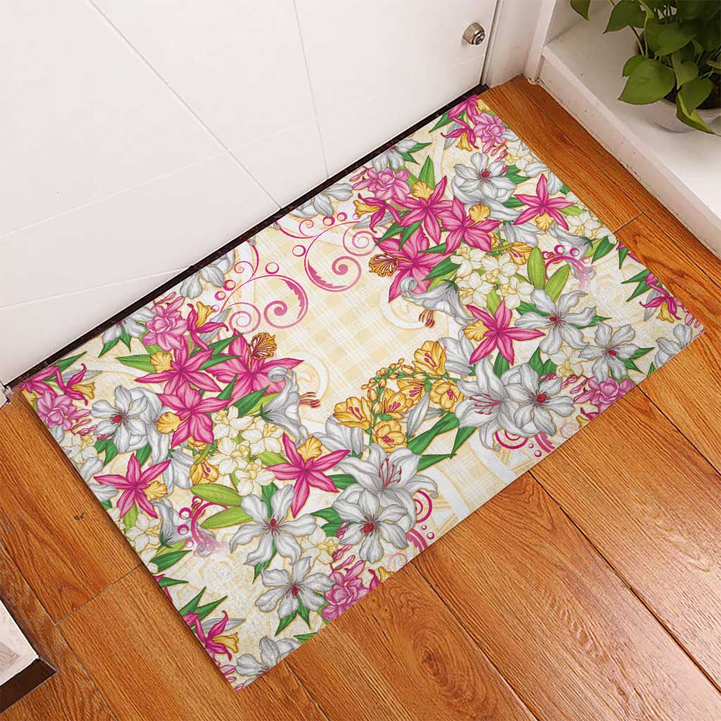 Hawaii Palaka Rubber Doormat Yellow Tribal Pattern With Tropical Flowers - Polynesian Pride
