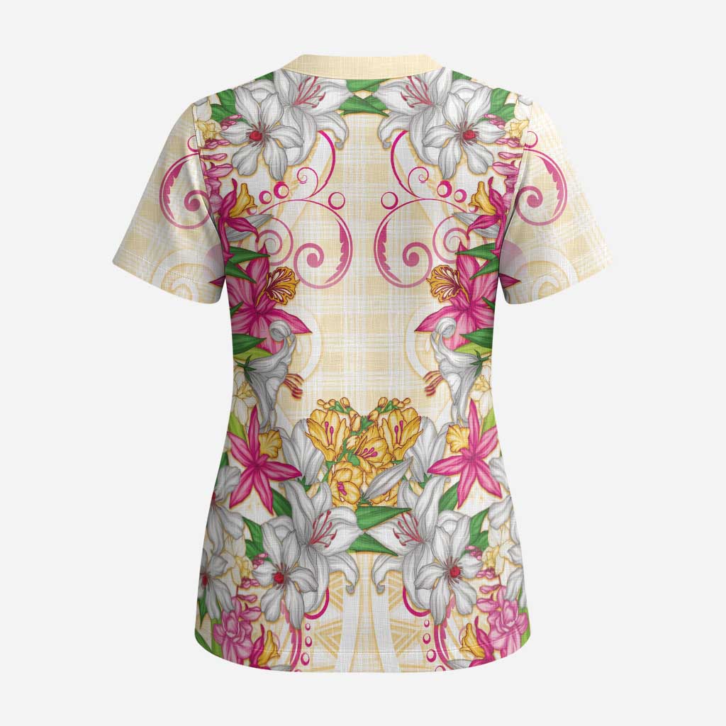 Hawaii Palaka Scrub Top Yellow Tribal Pattern With Tropical Flowers - Polynesian Pride