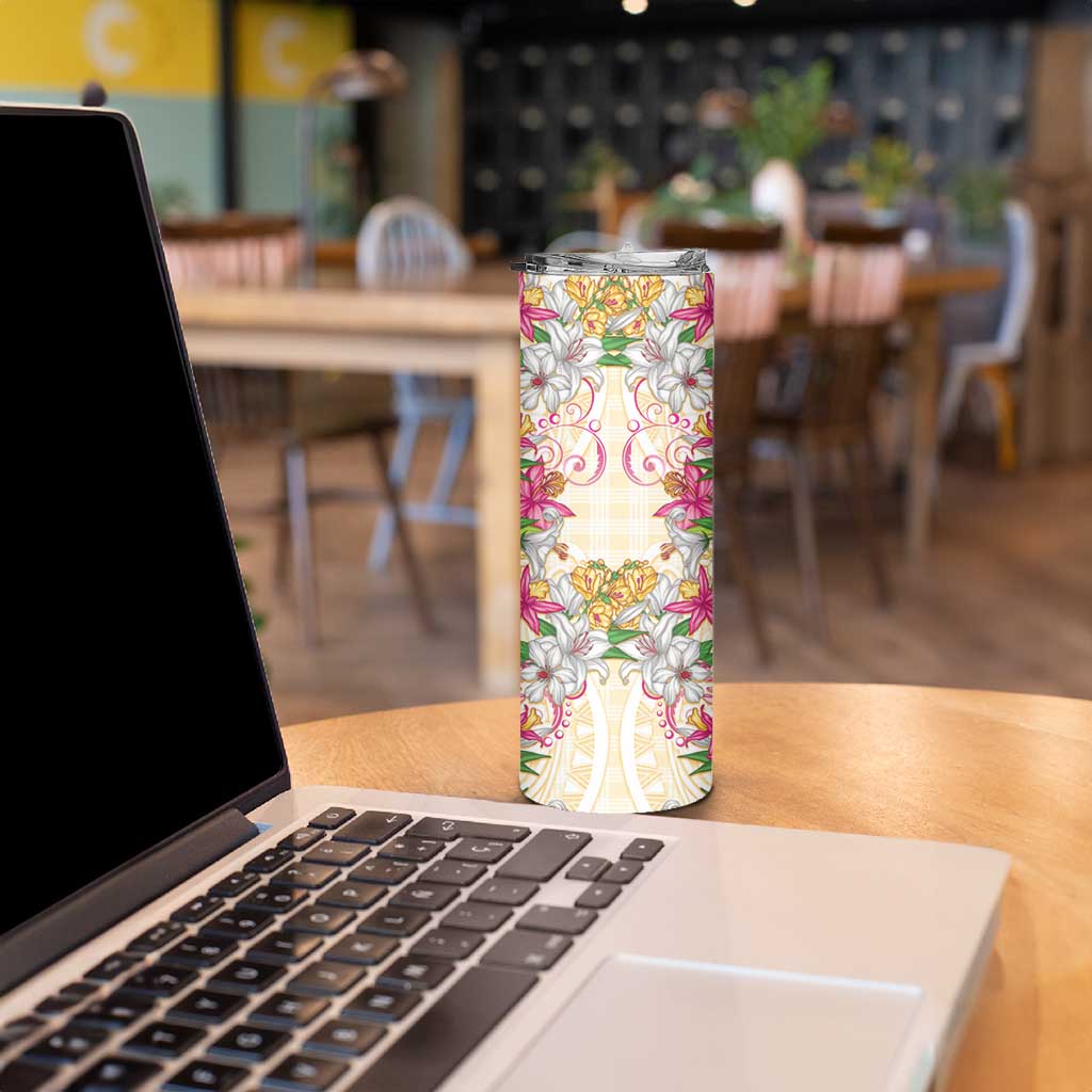 Hawaii Palaka Skinny Tumbler Yellow Tribal Pattern With Tropical Flowers - Polynesian Pride