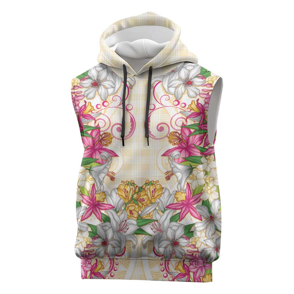 Hawaii Palaka Sleeveless Hoodie Yellow Tribal Pattern With Tropical Flowers - Polynesian Pride