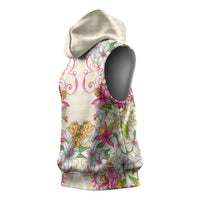 Hawaii Palaka Sleeveless Hoodie Yellow Tribal Pattern With Tropical Flowers - Polynesian Pride