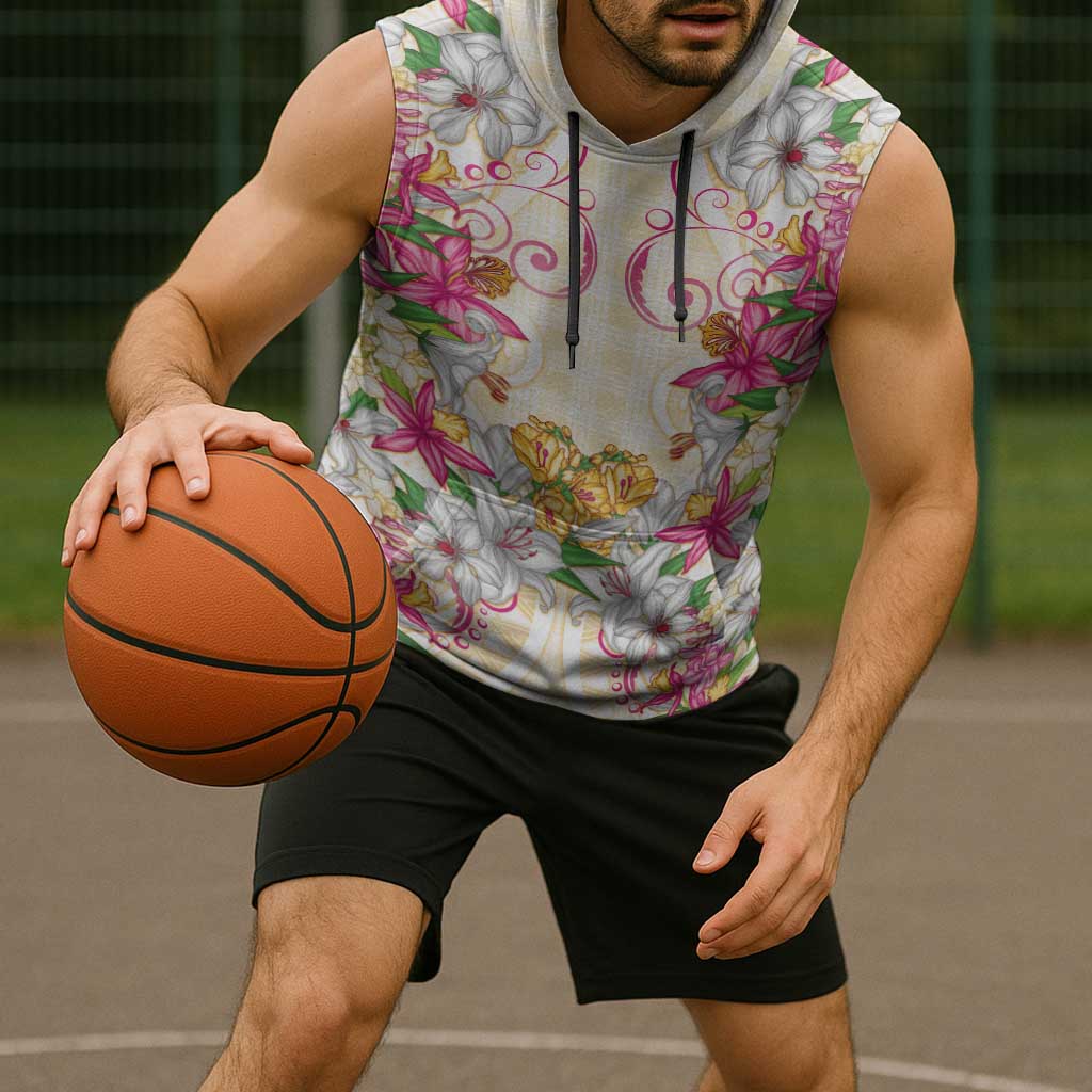 Hawaii Palaka Sleeveless Hoodie Yellow Tribal Pattern With Tropical Flowers - Polynesian Pride