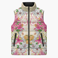 Hawaii Palaka Sleeveless Puffer Jacket Yellow Tribal Pattern With Tropical Flowers - Polynesian Pride