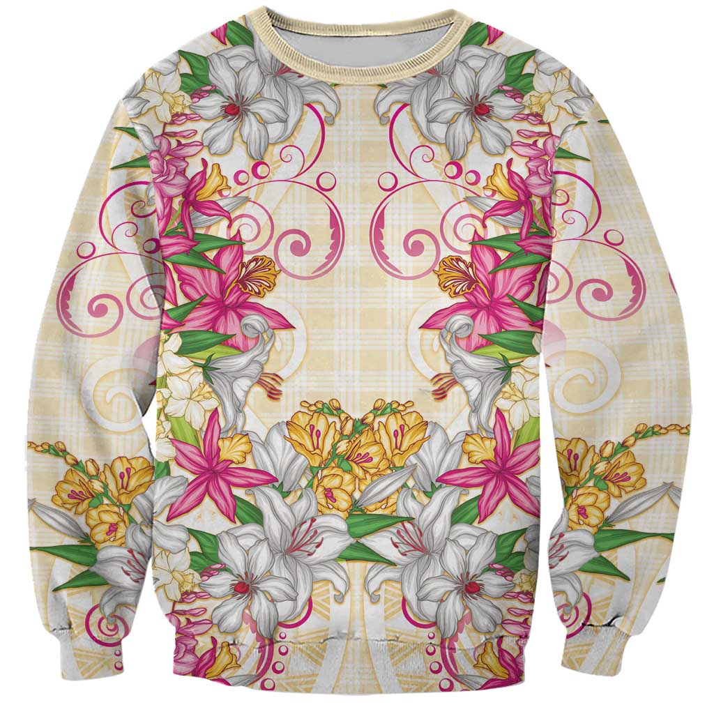 Hawaii Palaka Sweatshirt Yellow Tribal Pattern With Tropical Flowers - Polynesian Pride