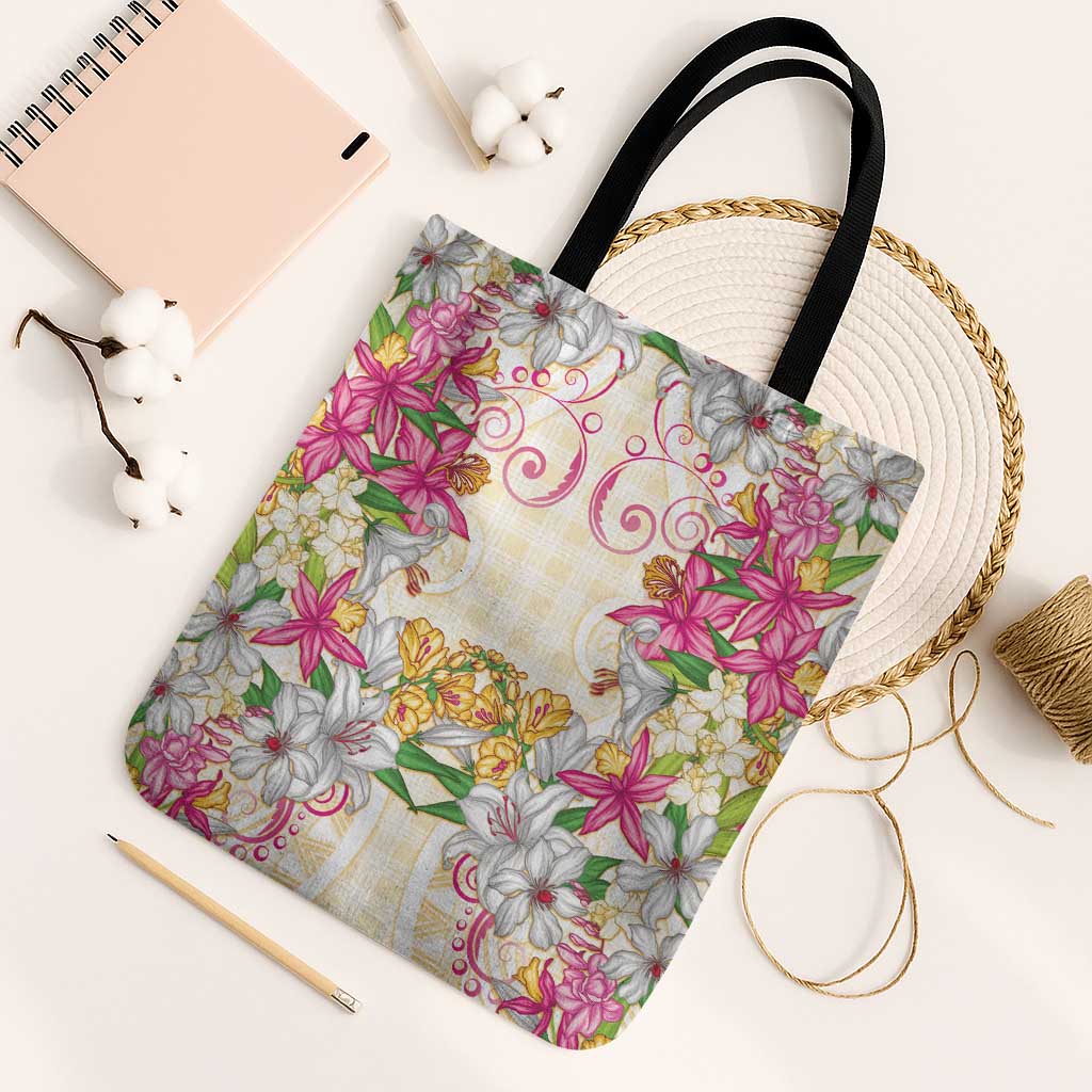 Hawaii Palaka Tote Bag Yellow Tribal Pattern With Tropical Flowers - Polynesian Pride