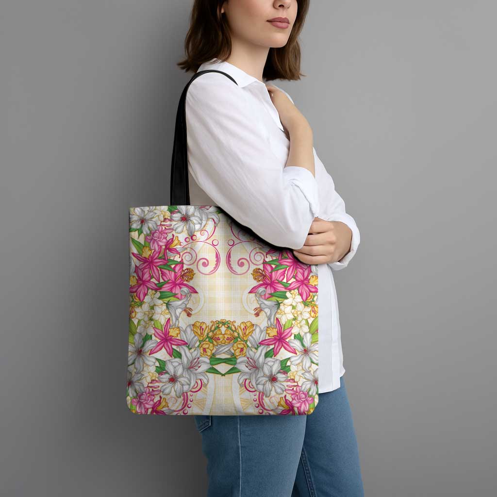 Hawaii Palaka Tote Bag Yellow Tribal Pattern With Tropical Flowers - Polynesian Pride