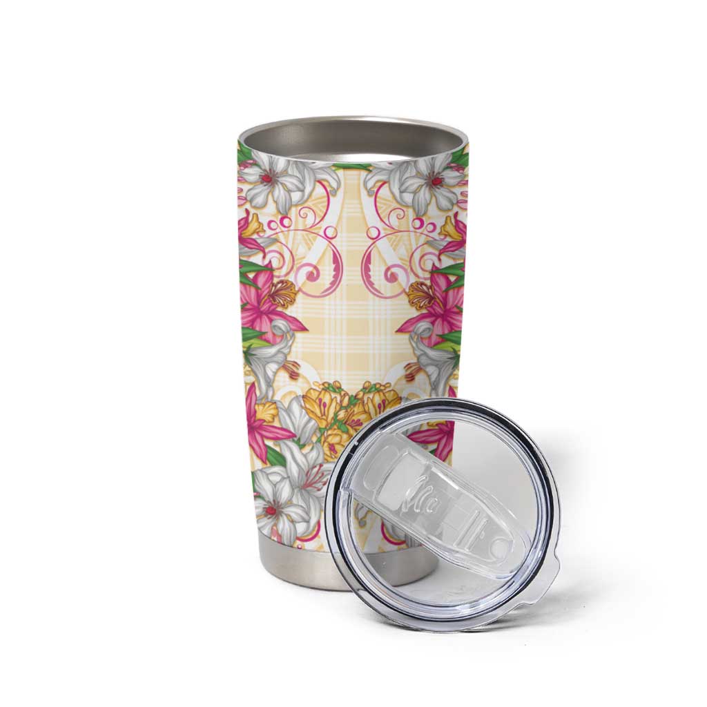 Hawaii Palaka Tumbler Cup Yellow Tribal Pattern With Tropical Flowers - Polynesian Pride