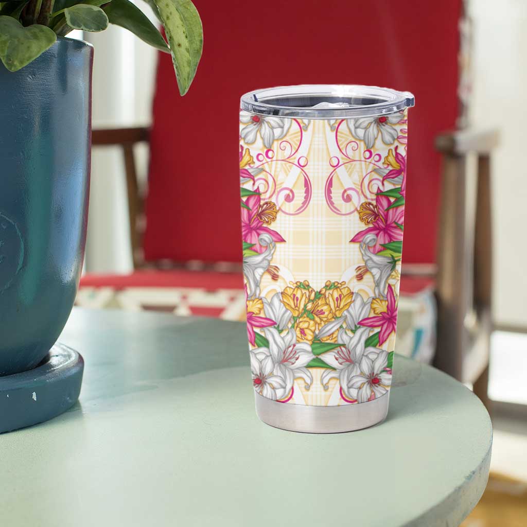 Hawaii Palaka Tumbler Cup Yellow Tribal Pattern With Tropical Flowers - Polynesian Pride
