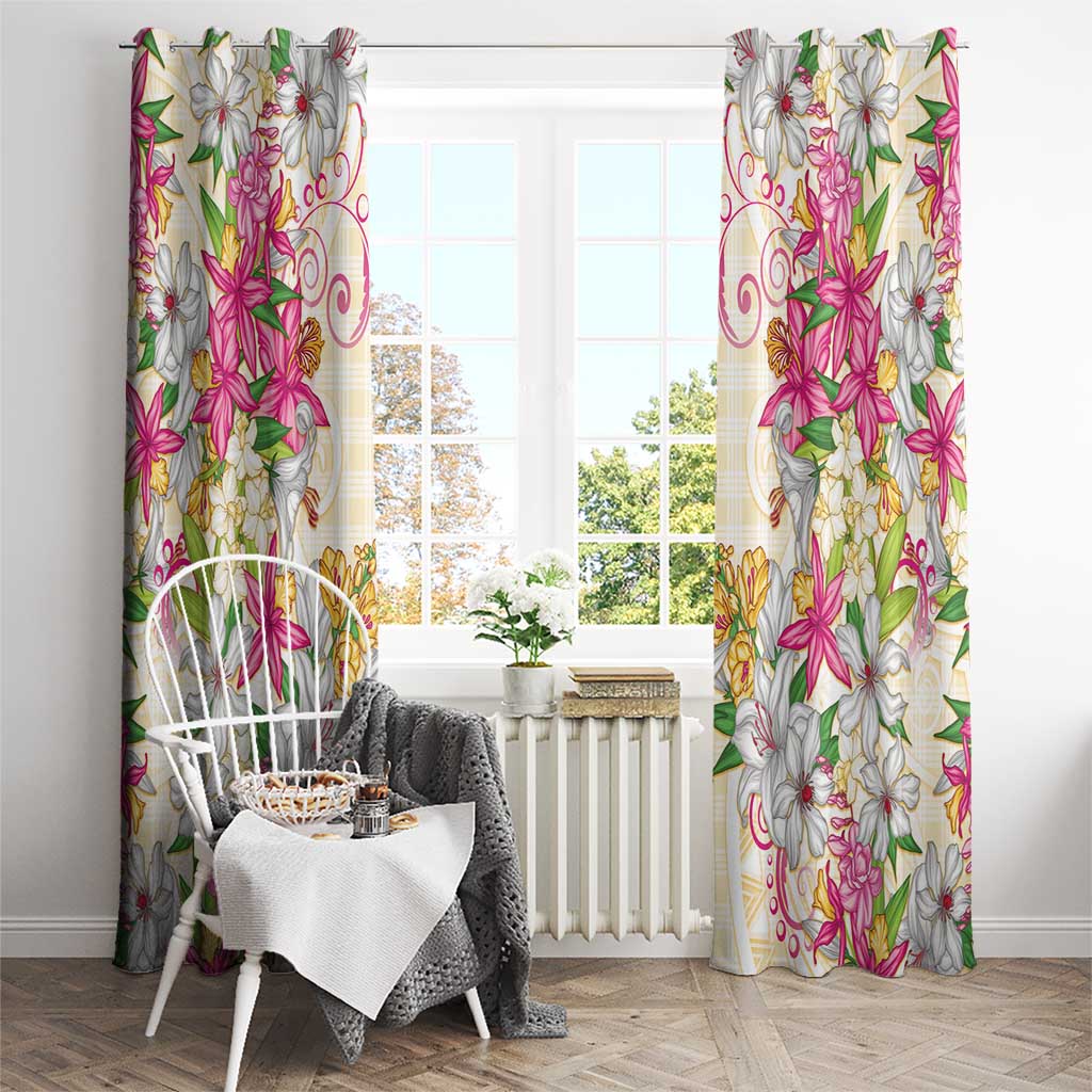 Hawaii Palaka Window Curtain Yellow Tribal Pattern With Tropical Flowers - Polynesian Pride