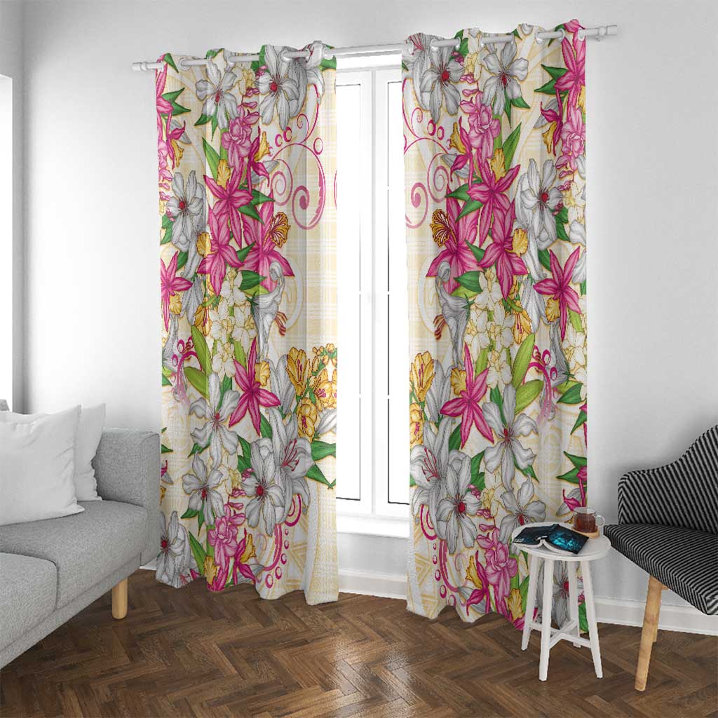 Hawaii Palaka Window Curtain Yellow Tribal Pattern With Tropical Flowers - Polynesian Pride