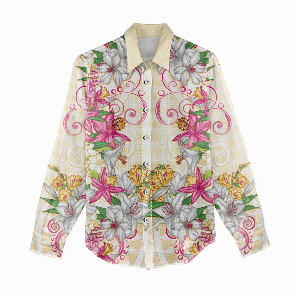 Hawaii Palaka Women Casual Shirt Yellow Tribal Pattern With Tropical Flowers - Polynesian Pride