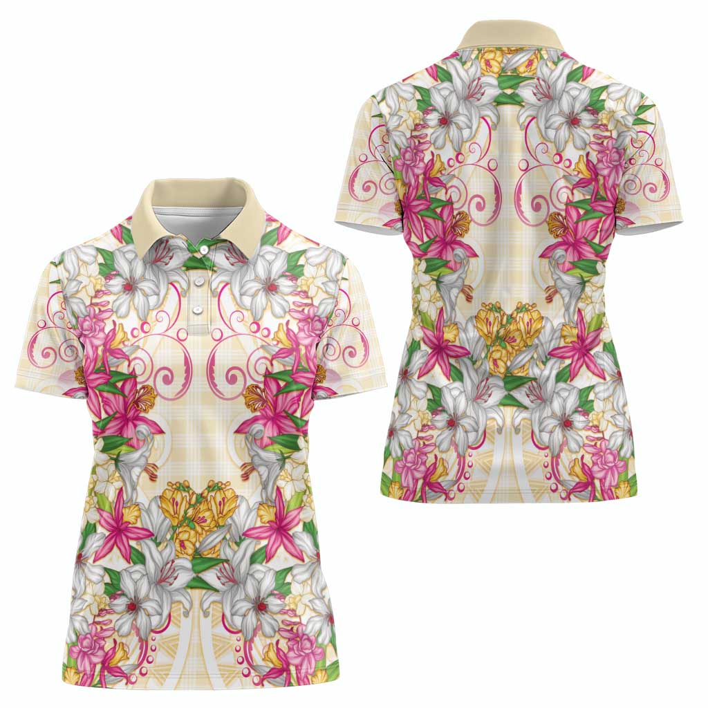 Hawaii Palaka Women Polo Shirt Yellow Tribal Pattern With Tropical Flowers - Polynesian Pride