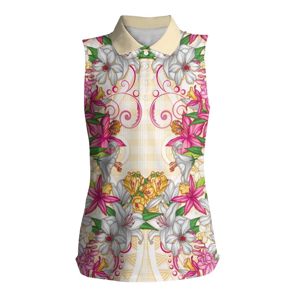 Hawaii Palaka Women Sleeveless Polo Shirt Yellow Tribal Pattern With Tropical Flowers - Polynesian Pride