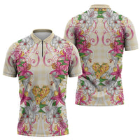Hawaii Palaka Zipper Polo Shirt Yellow Tribal Pattern With Tropical Flowers - Polynesian Pride