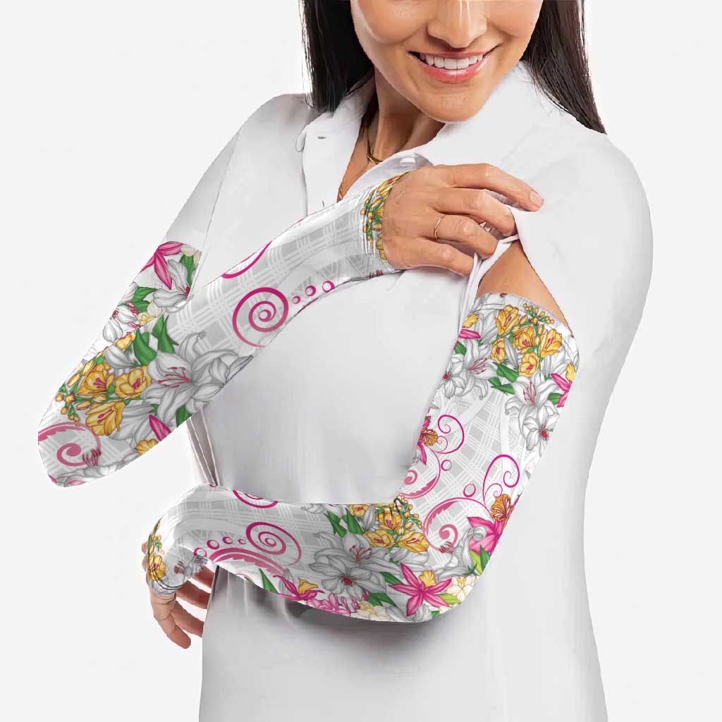 Hawaii Palaka Arm Sleeves White Tribal Pattern With Tropical Flowers - Polynesian Pride