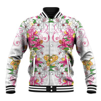 Hawaii Palaka Baseball Jacket White Tribal Pattern With Tropical Flowers - Polynesian Pride