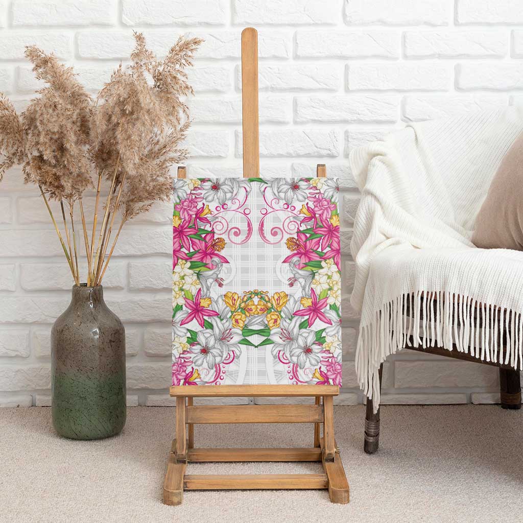 Hawaii Palaka Canvas Wall Art White Tribal Pattern With Tropical Flowers - Polynesian Pride