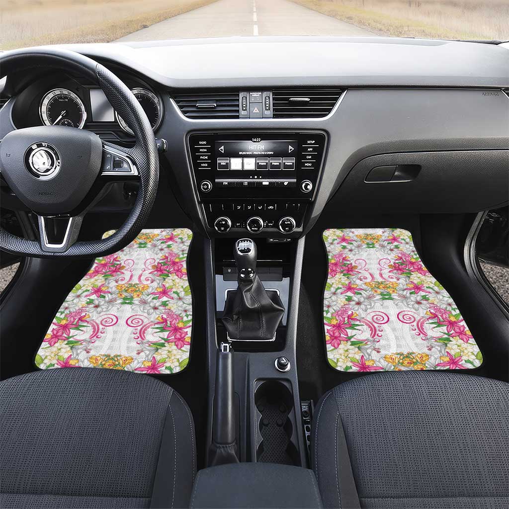 Hawaii Palaka Car Mats White Tribal Pattern With Tropical Flowers - Polynesian Pride