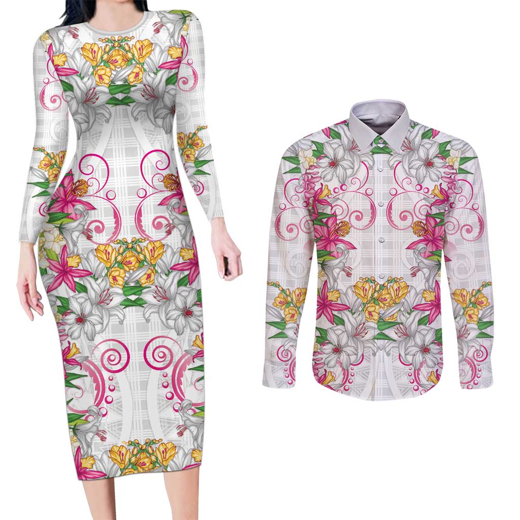 Hawaii Palaka Couples Matching Long Sleeve Bodycon Dress and Long Sleeve Button Shirt White Tribal Pattern With Tropical Flowers - Polynesian Pride