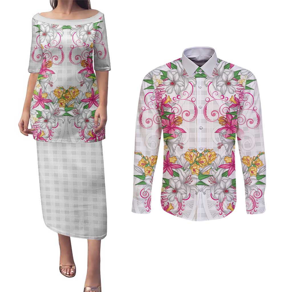 Hawaii Palaka Couples Matching Puletasi and Long Sleeve Button Shirt White Tribal Pattern With Tropical Flowers - Polynesian Pride