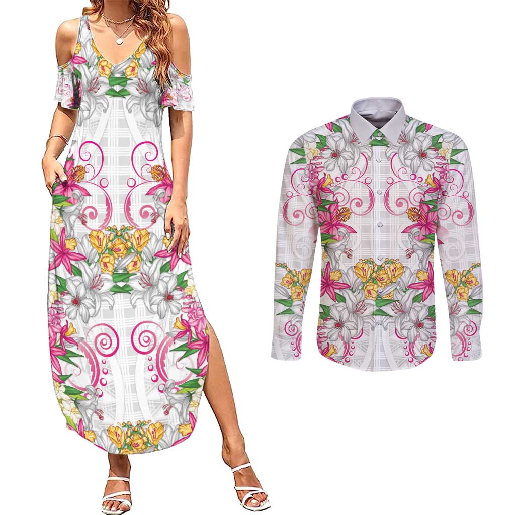 Hawaii Palaka Couples Matching Summer Maxi Dress and Long Sleeve Button Shirt White Tribal Pattern With Tropical Flowers - Polynesian Pride