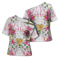 Hawaii Palaka Cross Shoulder Shirt White Tribal Pattern With Tropical Flowers - Polynesian Pride