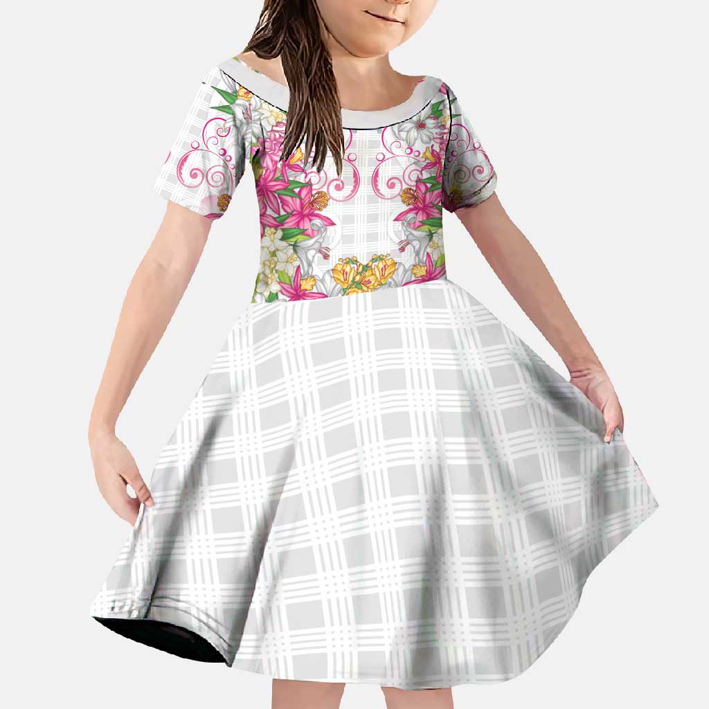 Hawaii Palaka Family Matching Long Sleeve Bodycon Dress and Hawaiian Shirt White Tribal Pattern With Tropical Flowers LT05 Daughter's Dress White - Polynesian Pride