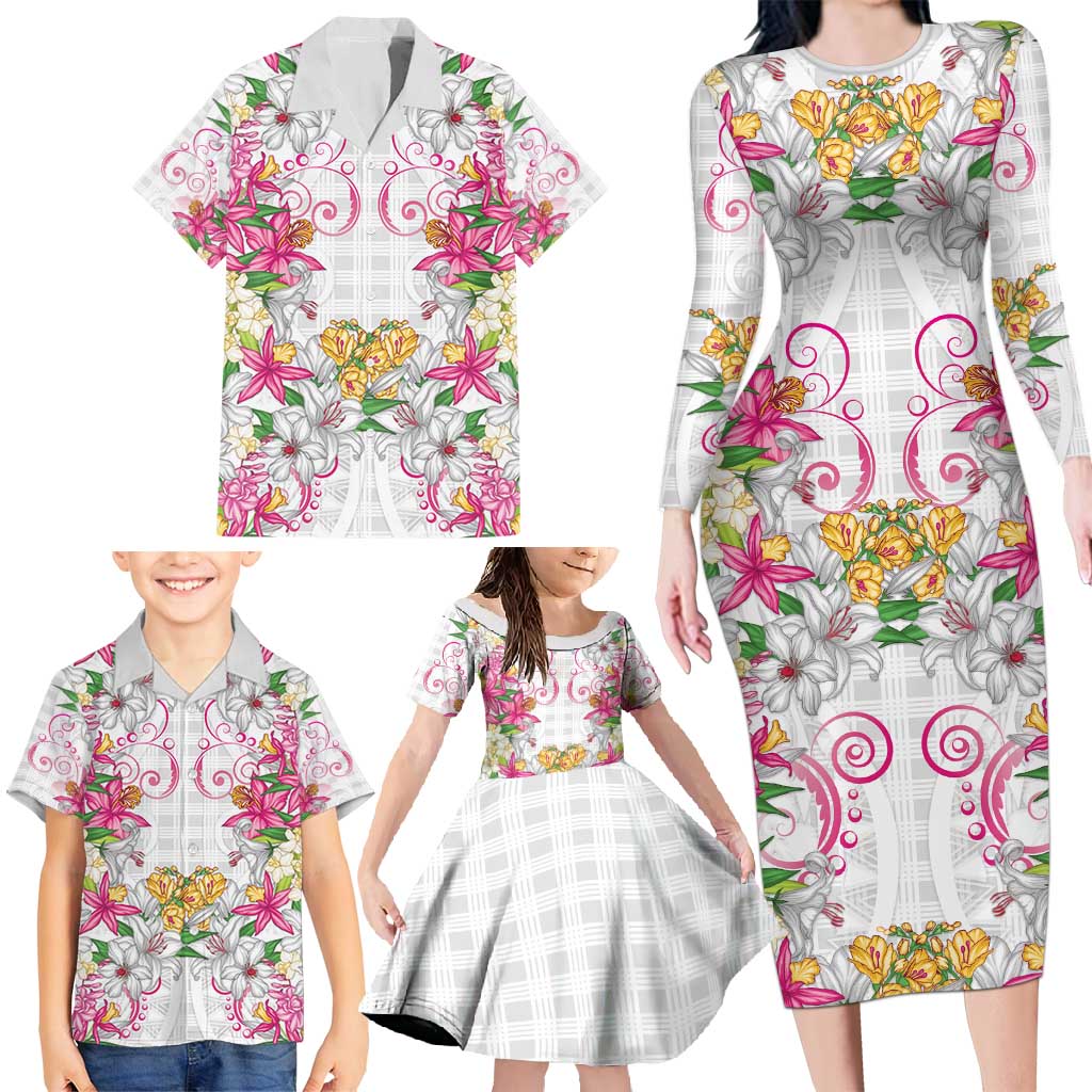 Hawaii Palaka Family Matching Long Sleeve Bodycon Dress and Hawaiian Shirt White Tribal Pattern With Tropical Flowers LT05 - Polynesian Pride