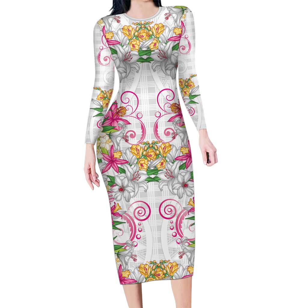 Hawaii Palaka Family Matching Long Sleeve Bodycon Dress and Hawaiian Shirt White Tribal Pattern With Tropical Flowers LT05 Mom's Dress White - Polynesian Pride