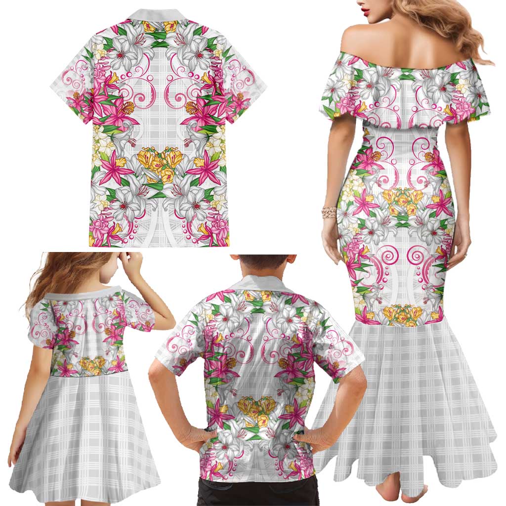 Hawaii Palaka Family Matching Mermaid Dress and Hawaiian Shirt White Tribal Pattern With Tropical Flowers LT05 - Polynesian Pride