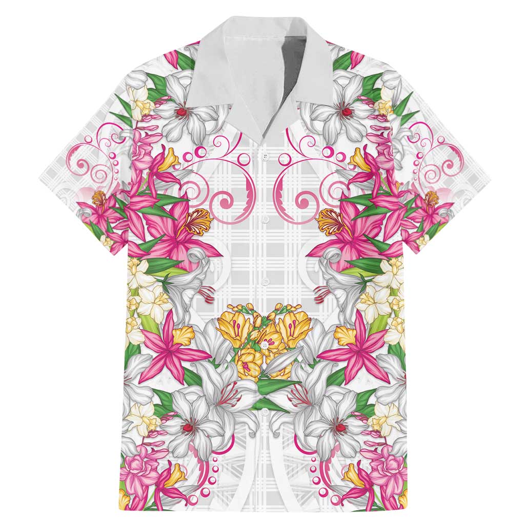 Hawaii Palaka Family Matching Mermaid Dress and Hawaiian Shirt White Tribal Pattern With Tropical Flowers LT05 Dad's Shirt - Short Sleeve White - Polynesian Pride