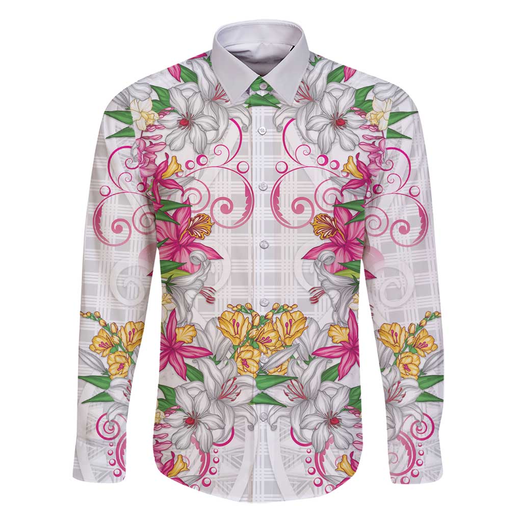 Hawaii Palaka Family Matching Mermaid Dress and Hawaiian Shirt White Tribal Pattern With Tropical Flowers LT05 Dad's Shirt - Long Sleeve White - Polynesian Pride