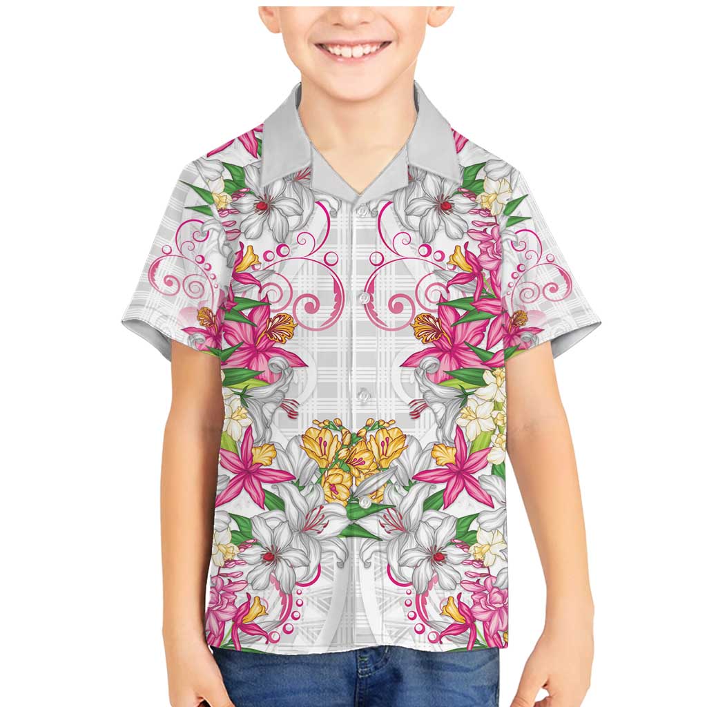 Hawaii Palaka Family Matching Mermaid Dress and Hawaiian Shirt White Tribal Pattern With Tropical Flowers LT05 Son's Shirt White - Polynesian Pride