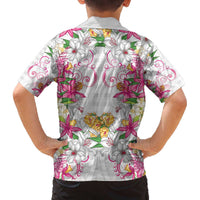Hawaii Palaka Family Matching Off The Shoulder Long Sleeve Dress and Hawaiian Shirt White Tribal Pattern With Tropical Flowers LT05 - Polynesian Pride