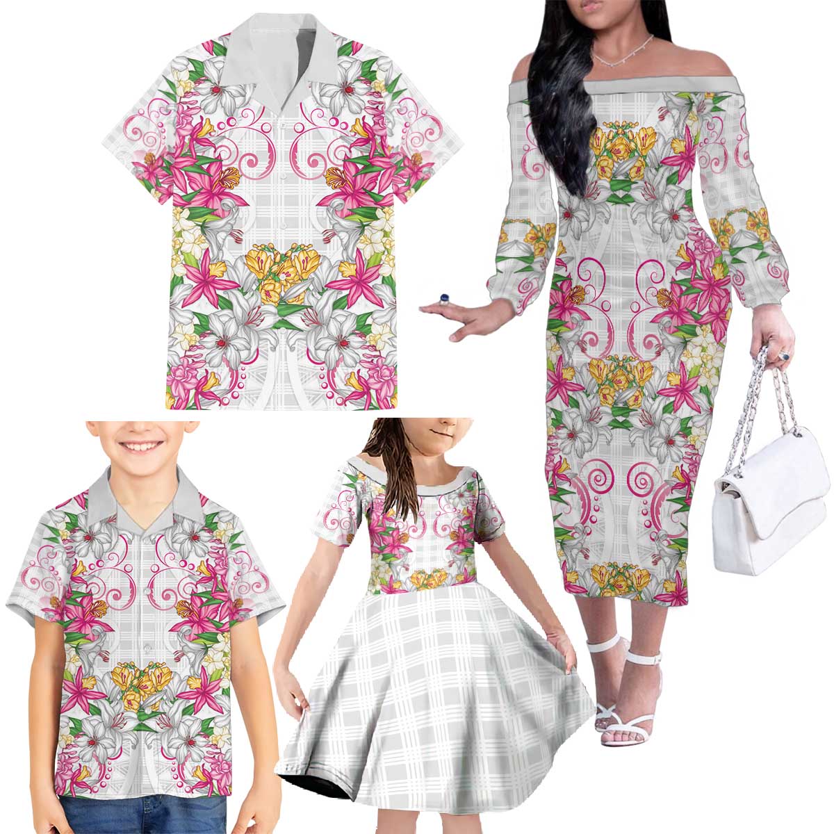 Hawaii Palaka Family Matching Off The Shoulder Long Sleeve Dress and Hawaiian Shirt White Tribal Pattern With Tropical Flowers LT05 - Polynesian Pride