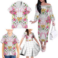 Hawaii Palaka Family Matching Off The Shoulder Long Sleeve Dress and Hawaiian Shirt White Tribal Pattern With Tropical Flowers LT05 - Polynesian Pride