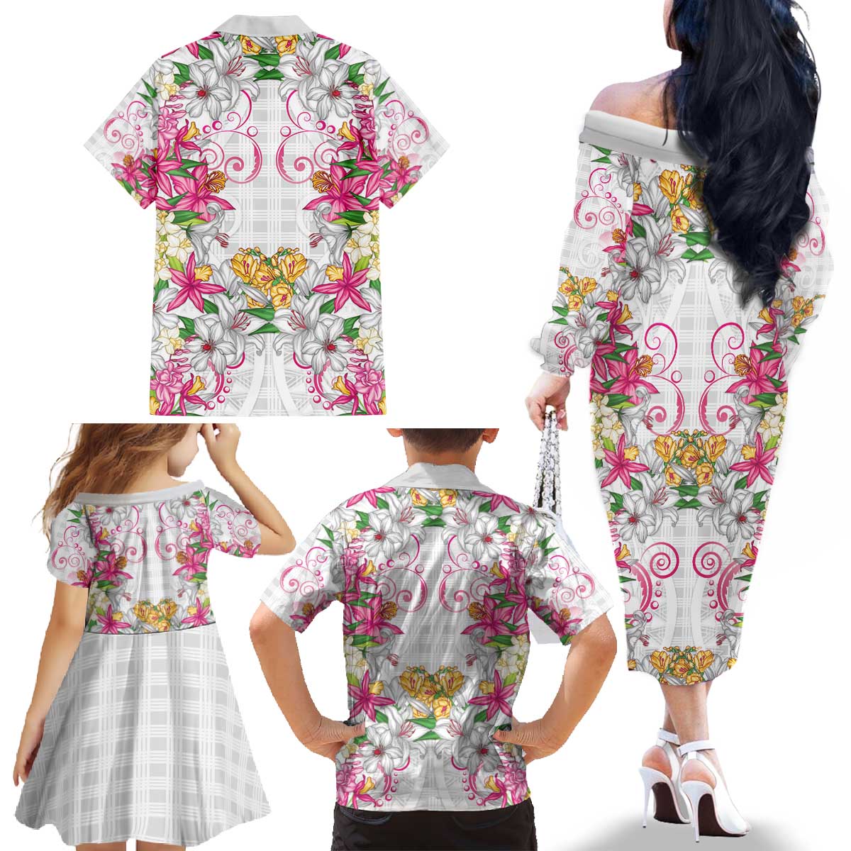 Hawaii Palaka Family Matching Off The Shoulder Long Sleeve Dress and Hawaiian Shirt White Tribal Pattern With Tropical Flowers LT05 - Polynesian Pride